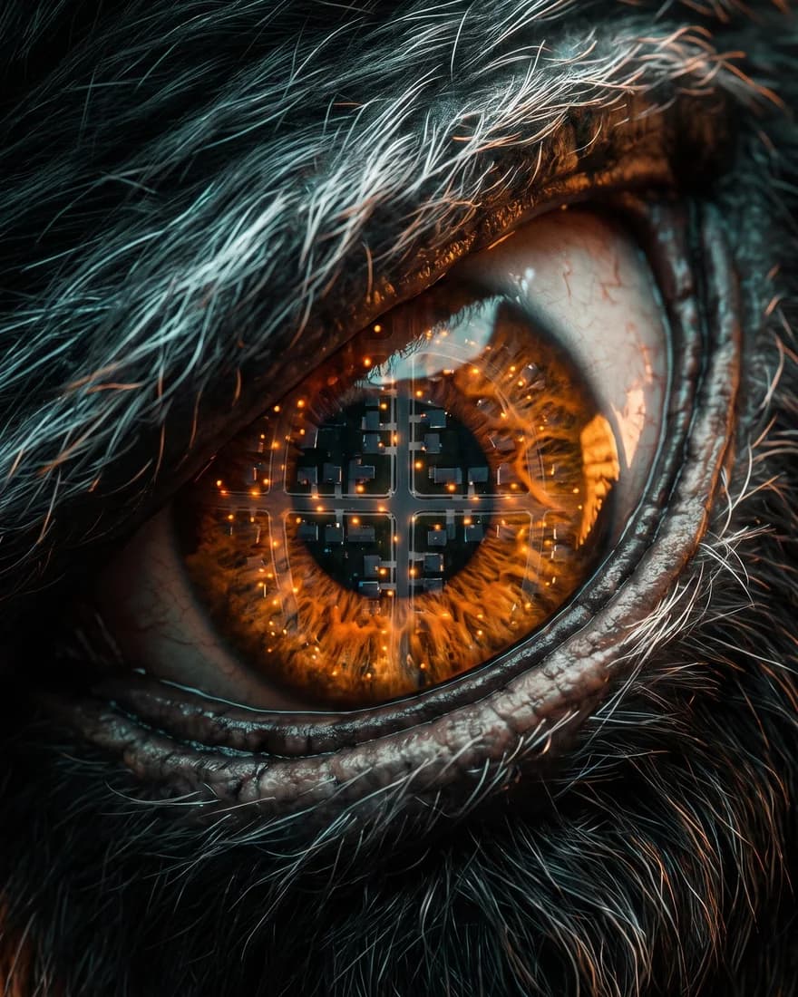 The Mad Giant's eye, reflecting a map of a town