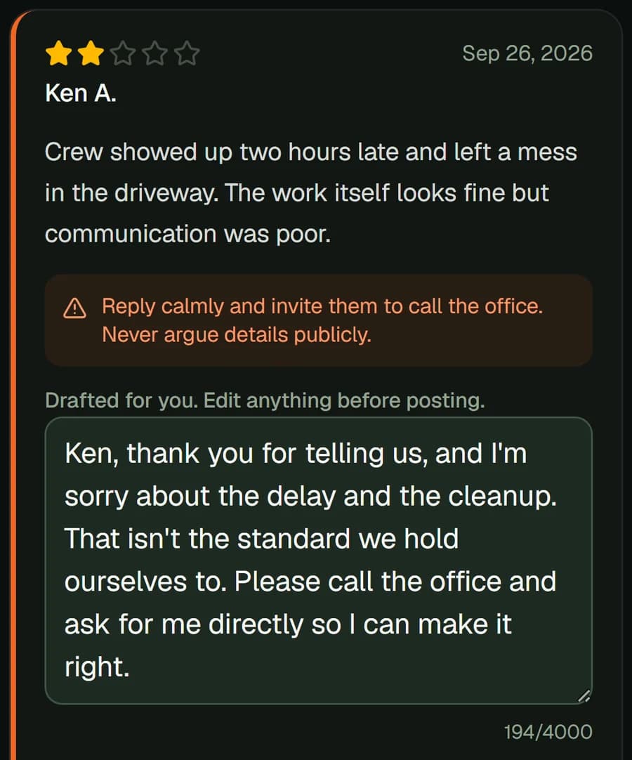 Every review gets a reply: example screen from the Mad Giant dashboard