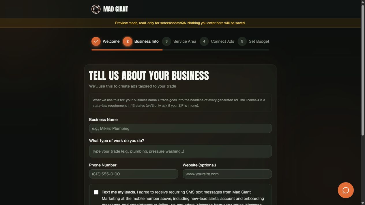 Actual Mad Giant onboarding Business Info step in read-only preview mode